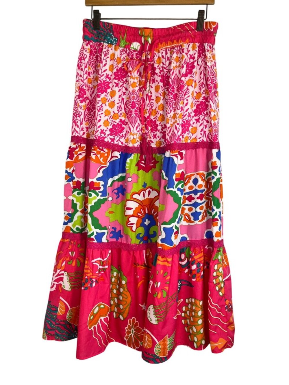 Colorful Floral Tiered Maxi Skirt Pink M Tropical Resort Preppy Festival Tassel